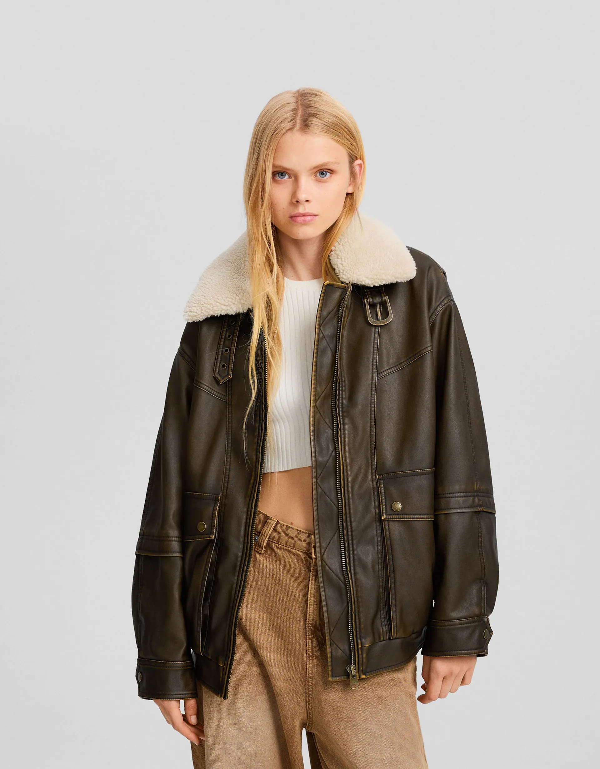 Distressed double-sided faux leather aviator jacket - Jackets - | Bershka