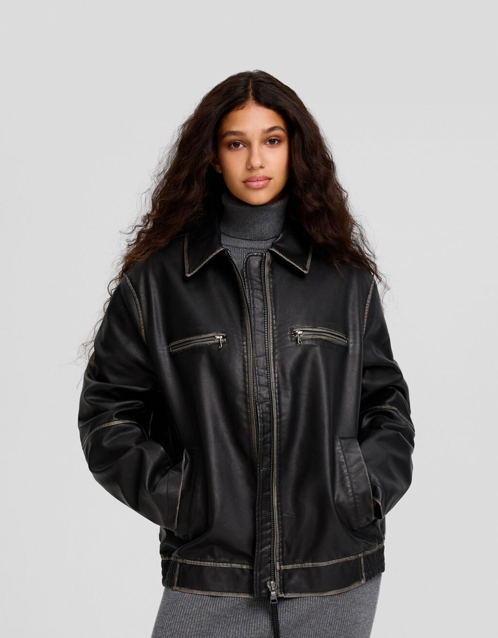 Faux leather online trucker jacket