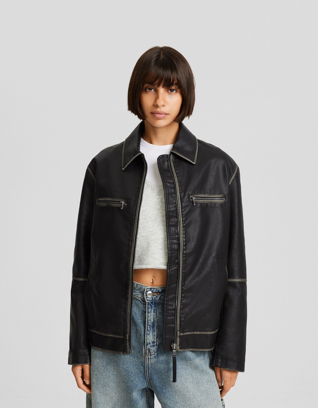 Distressed faux leather trucker jacket