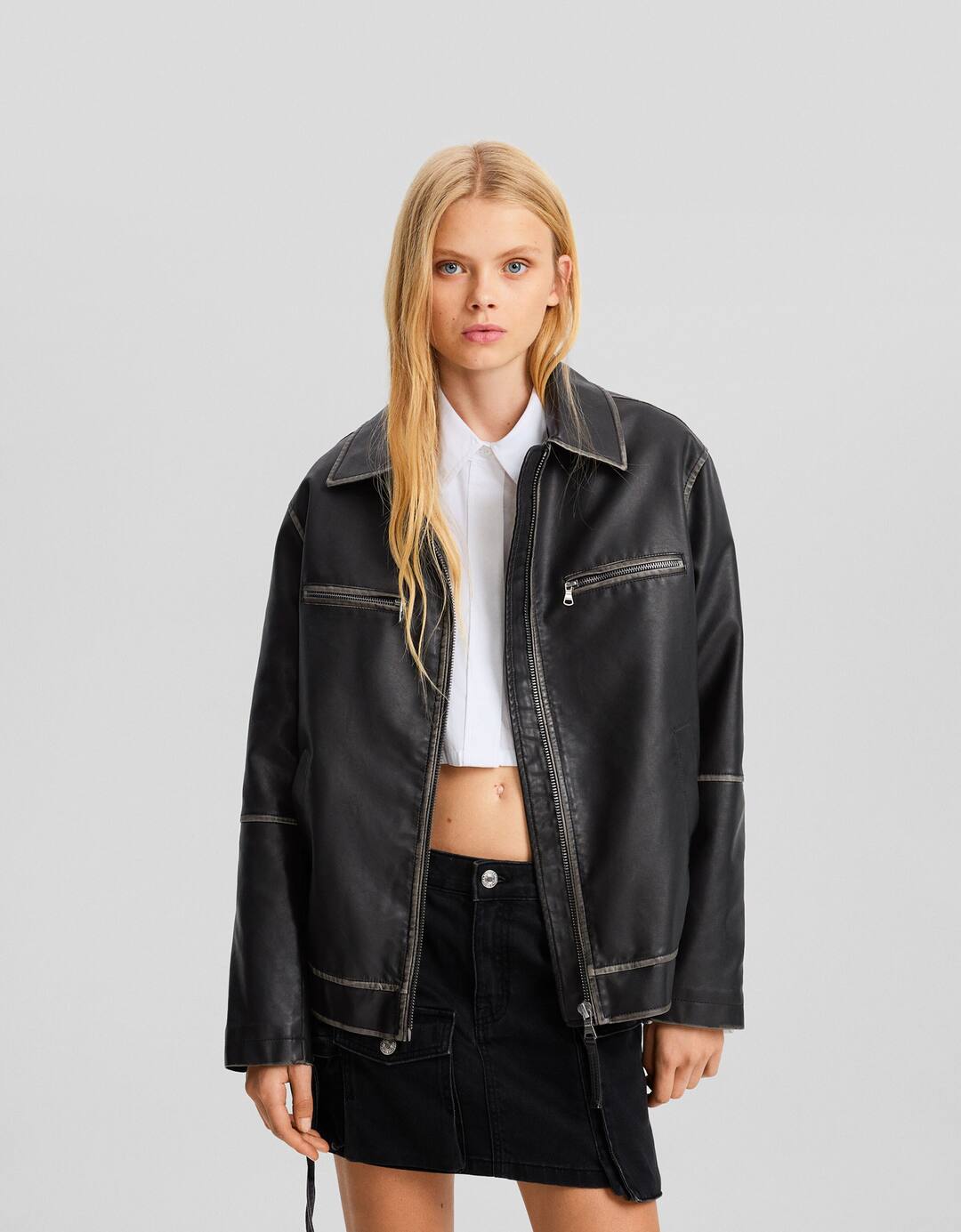 Distressed faux leather trucker jacket