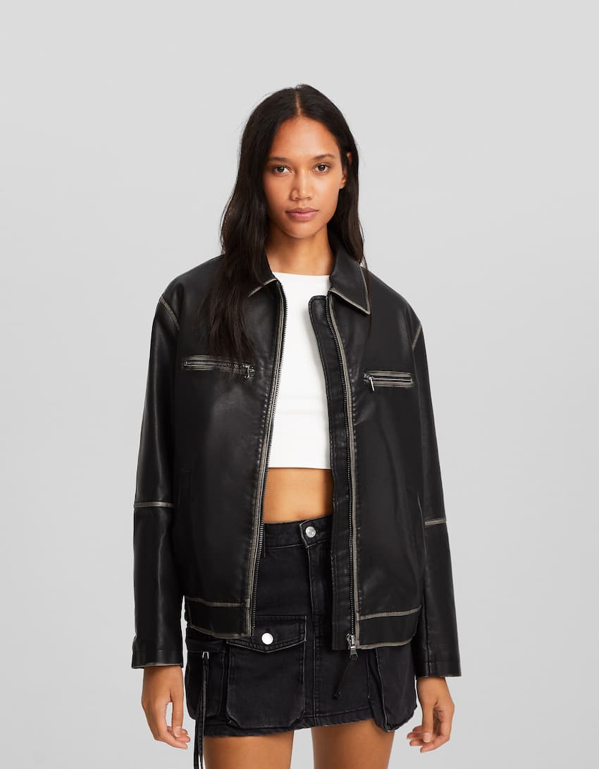Distressed faux leather trucker jacket - Women | Bershka