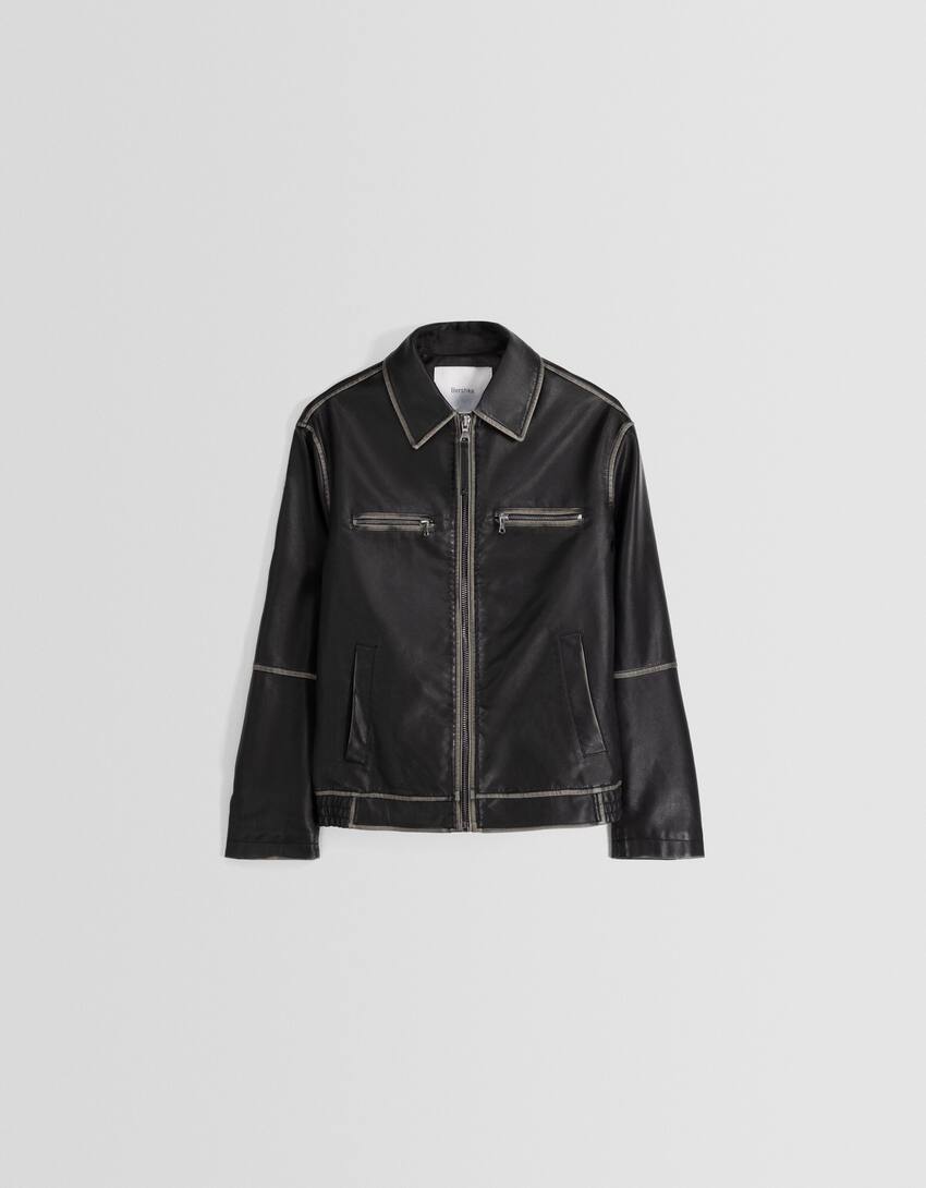 Distressed faux leather trucker jacket - Women | Bershka