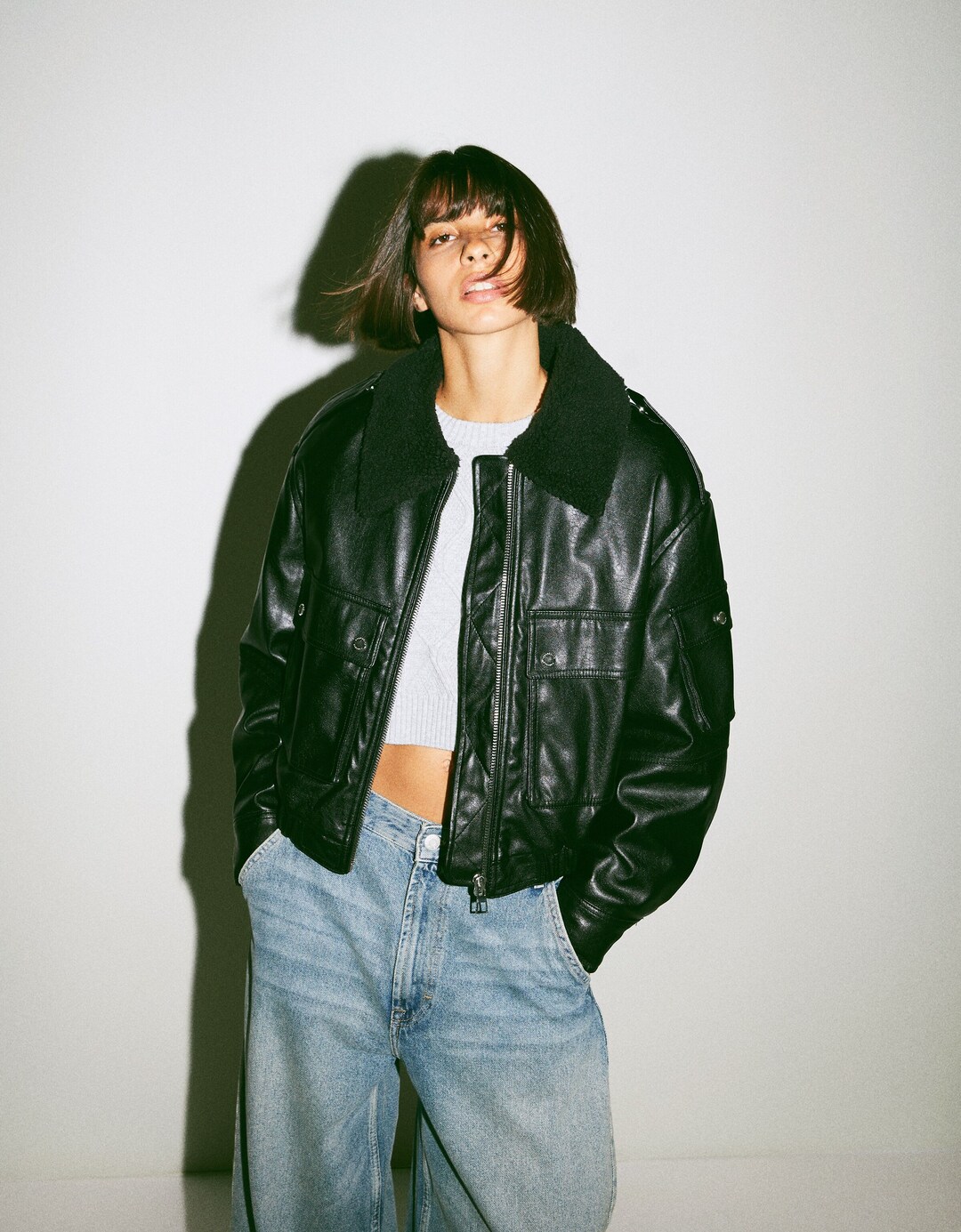 Short faux leather aviator jacket with faux shearling collar