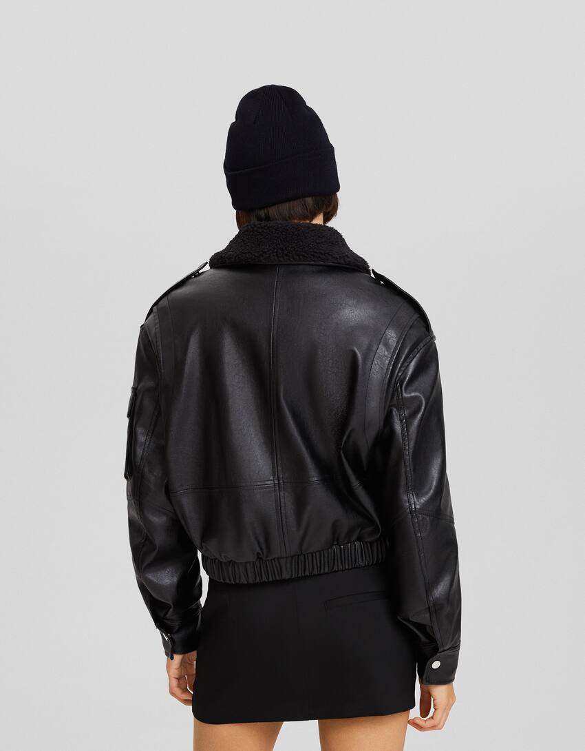 Short leather effect aviator jacket with faux shearling collar-Black-1