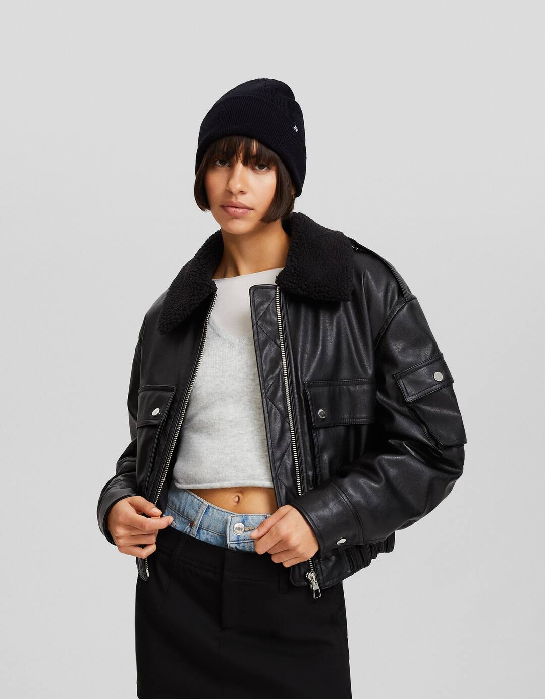 Short leather effect aviator jacket with faux shearling collar
