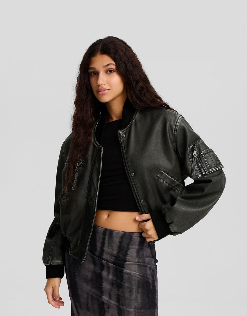 Distressed faux leather bomber jacket-Grey-0