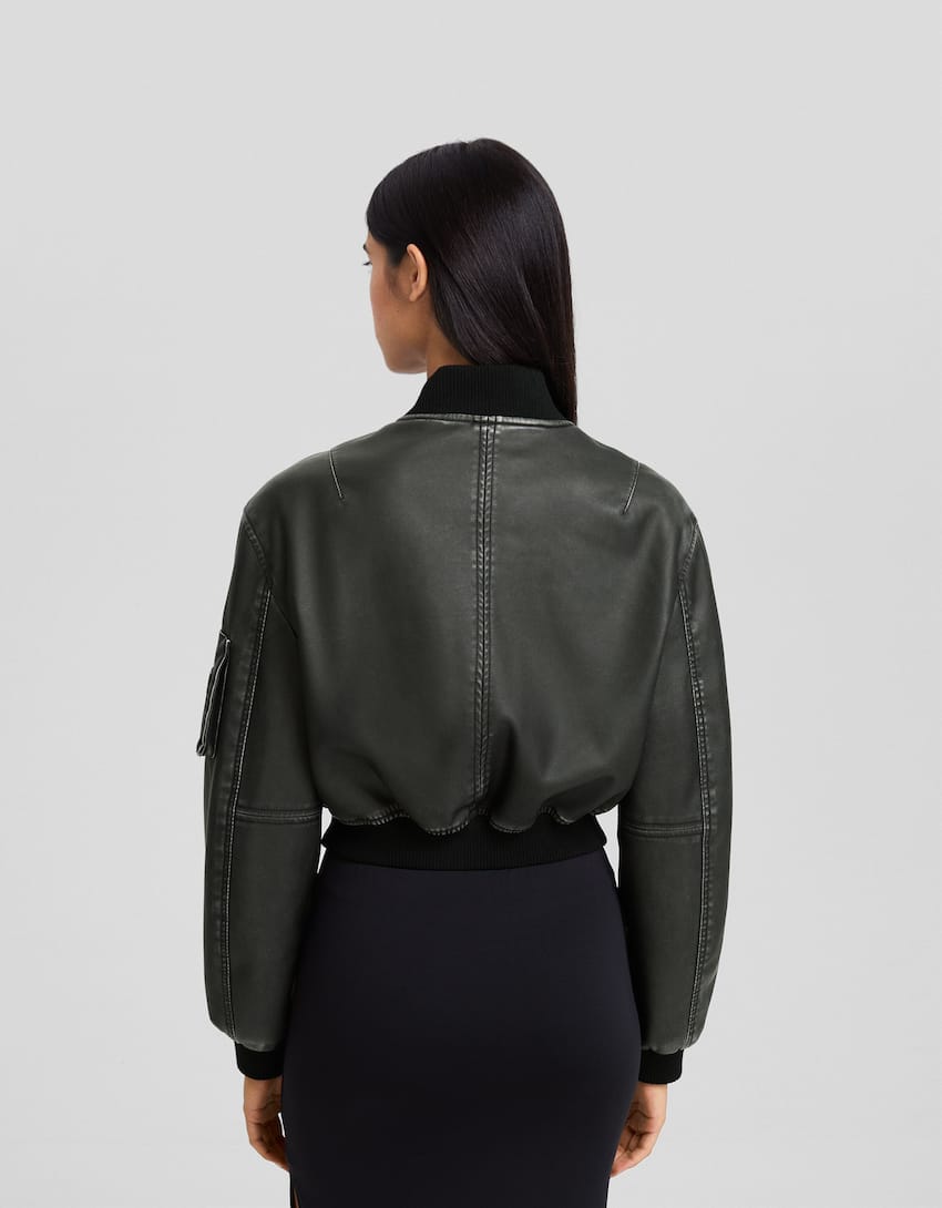 Distressed faux leather bomber jacket - Women | Bershka