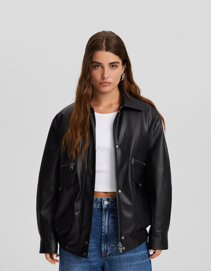 Faux leather oversize dad-fit jacket - Women | Bershka