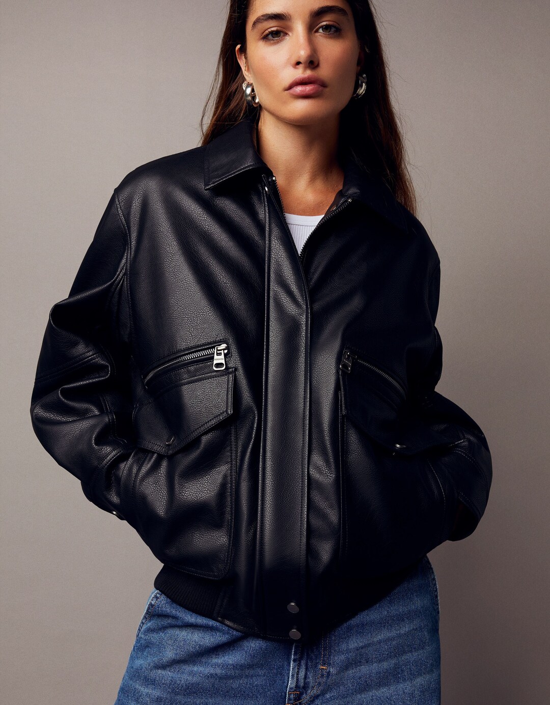 Faux leather oversize dad-fit jacket