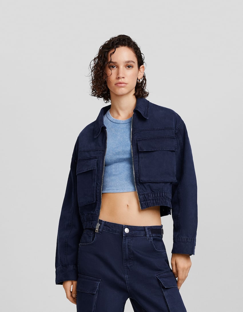 Cotton jacket with pockets-Dark blue-0