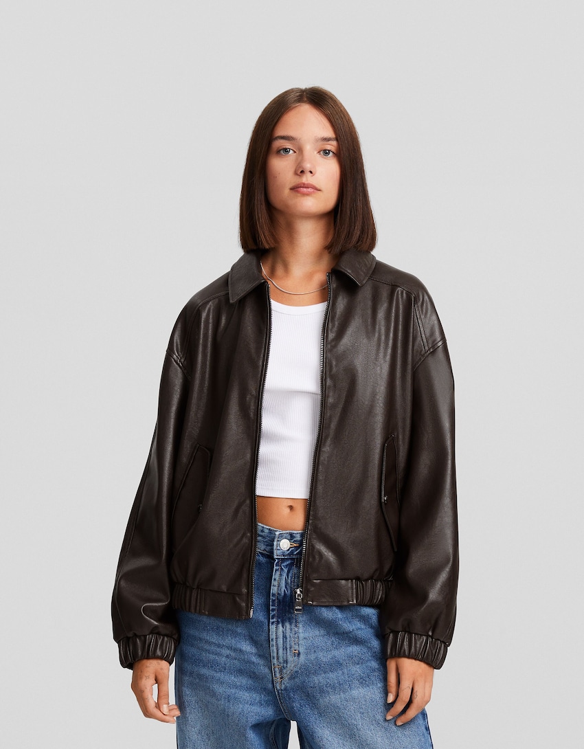 Faux leather dad fit jacket - BSK Teen | Bershka