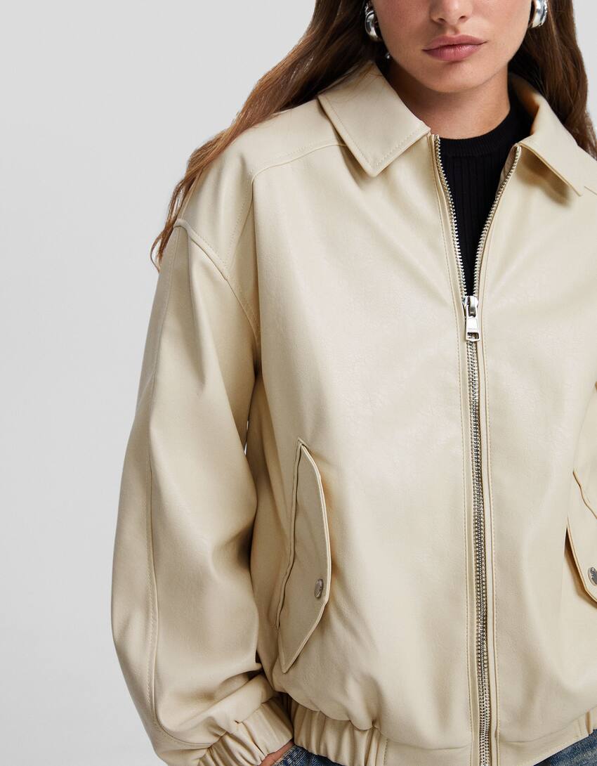 Faux leather dad fit jacket-Cream-2