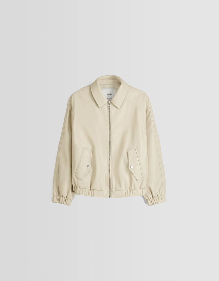Faux leather dad fit jacket-Cream-4
