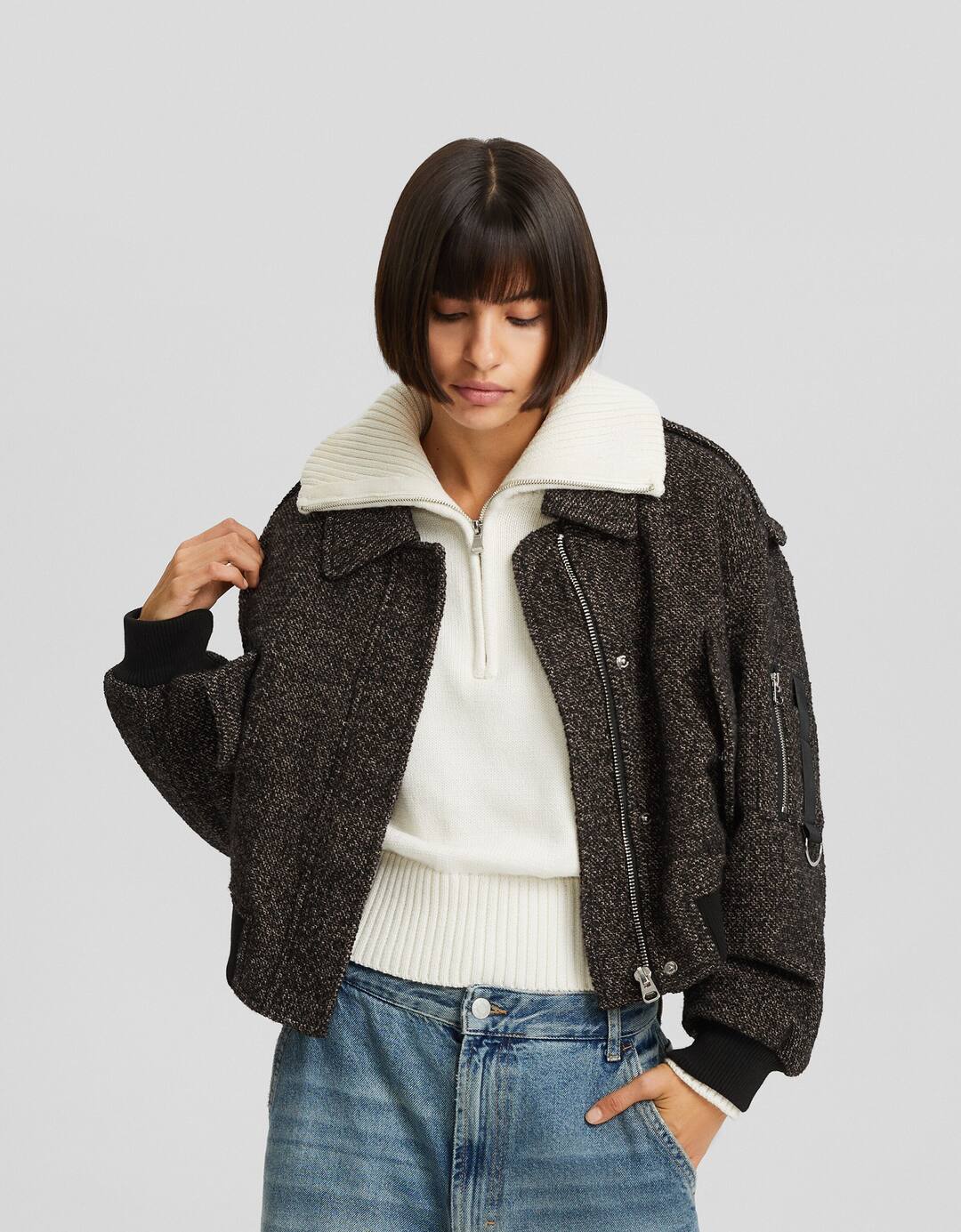 Textured wool blend bomber jacket