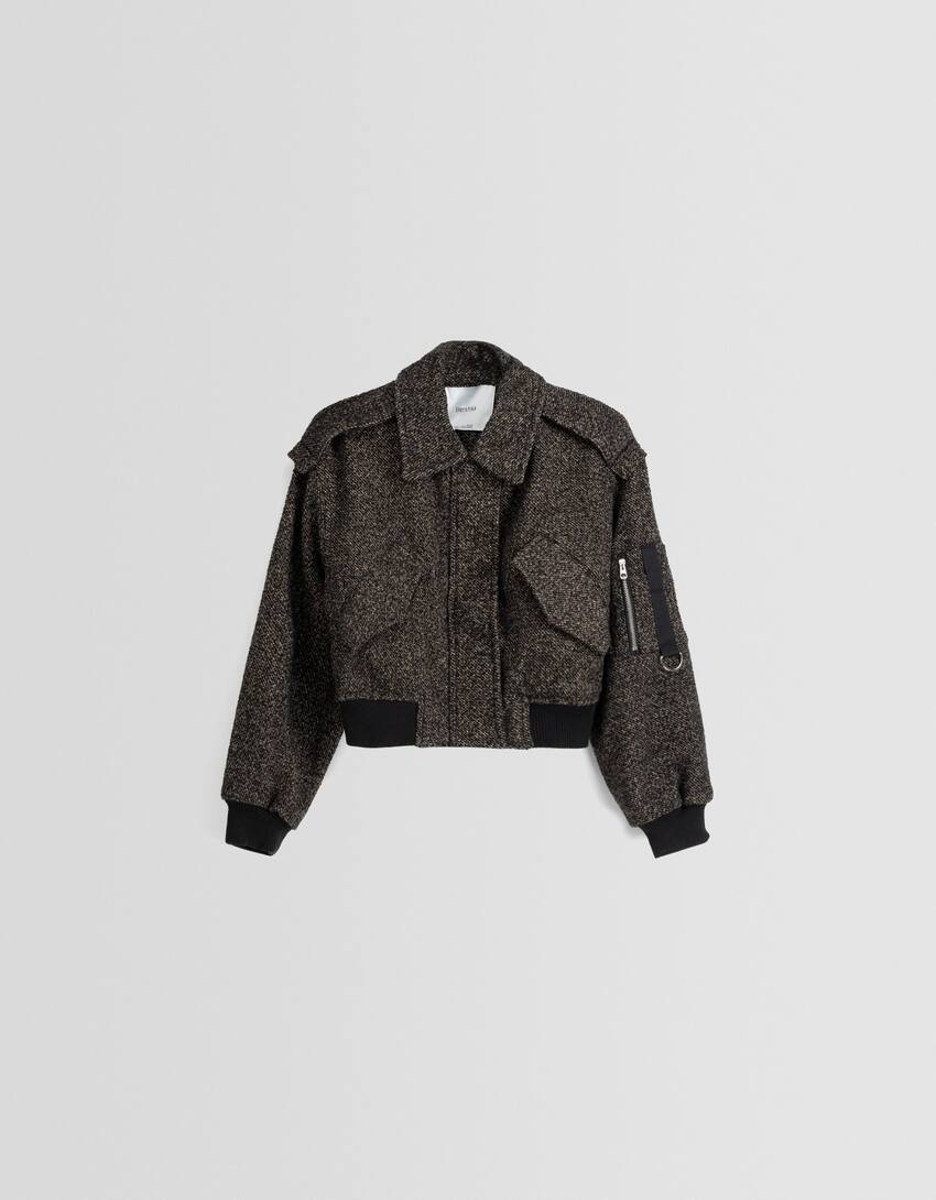 Textured wool blend bomber jacket-Brown-4