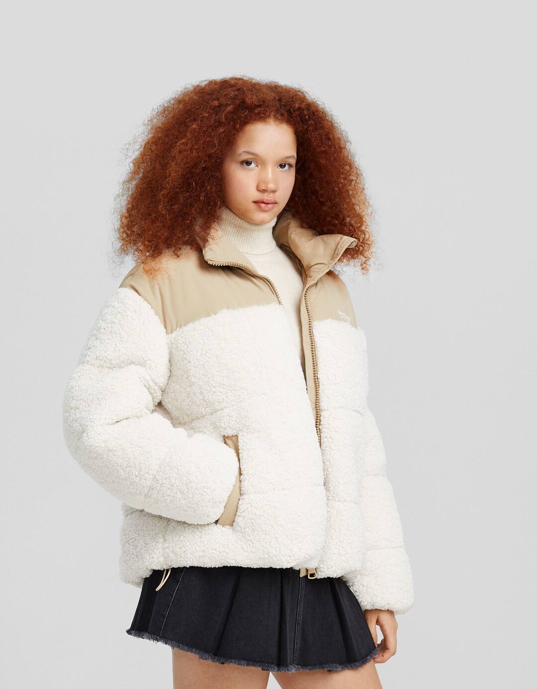 Contrast faux shearling and nylon blend puffer jacket