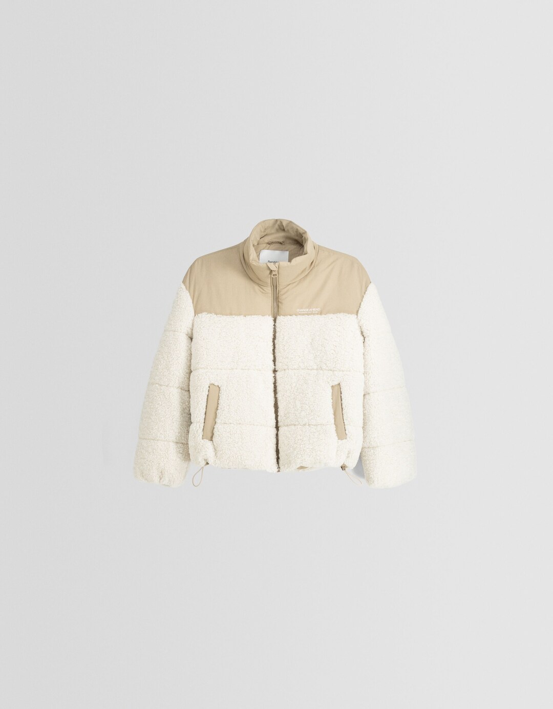 Contrast faux shearling and nylon blend puffer jacket