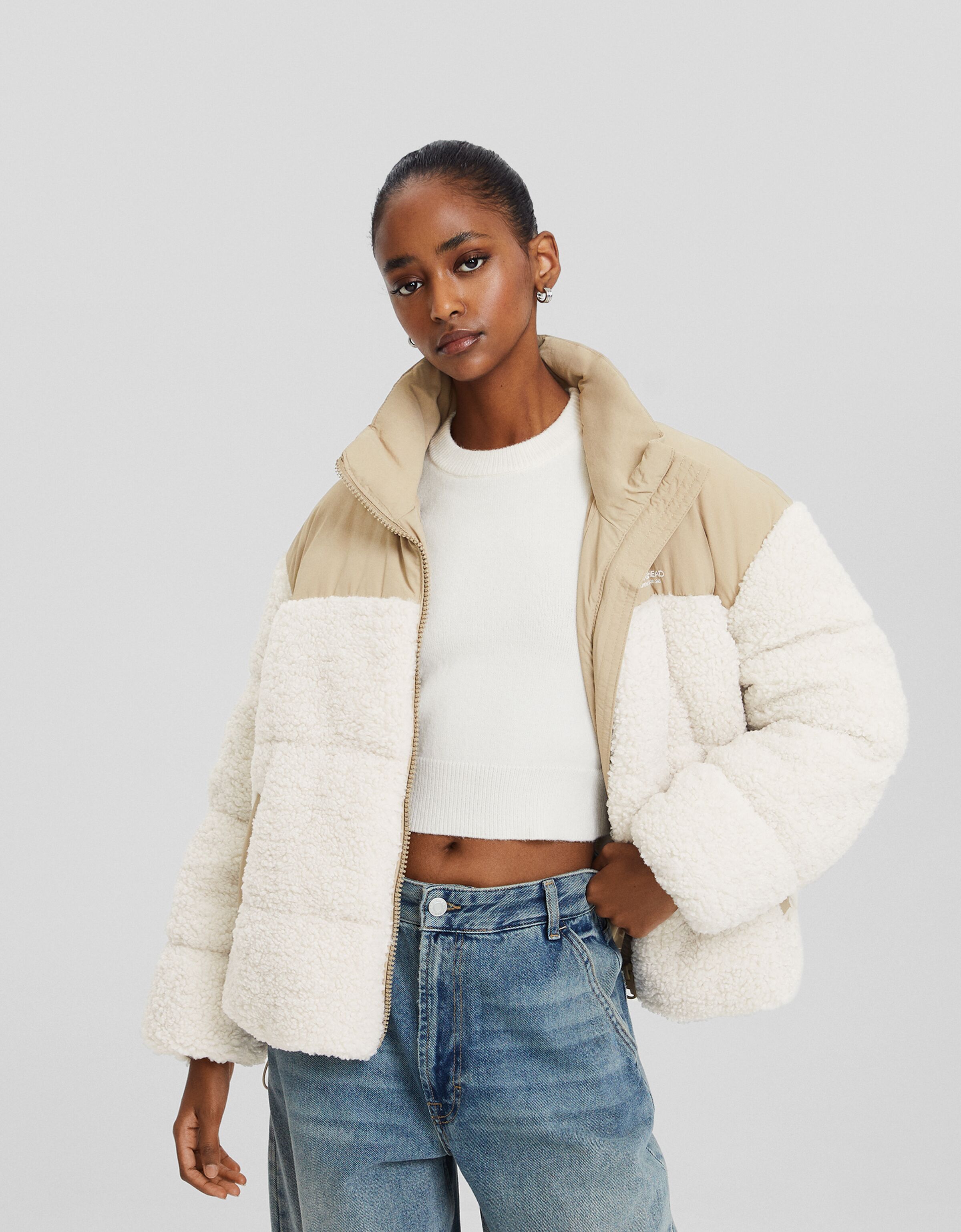 Contrast faux shearling and nylon blend puffer jacket - Women