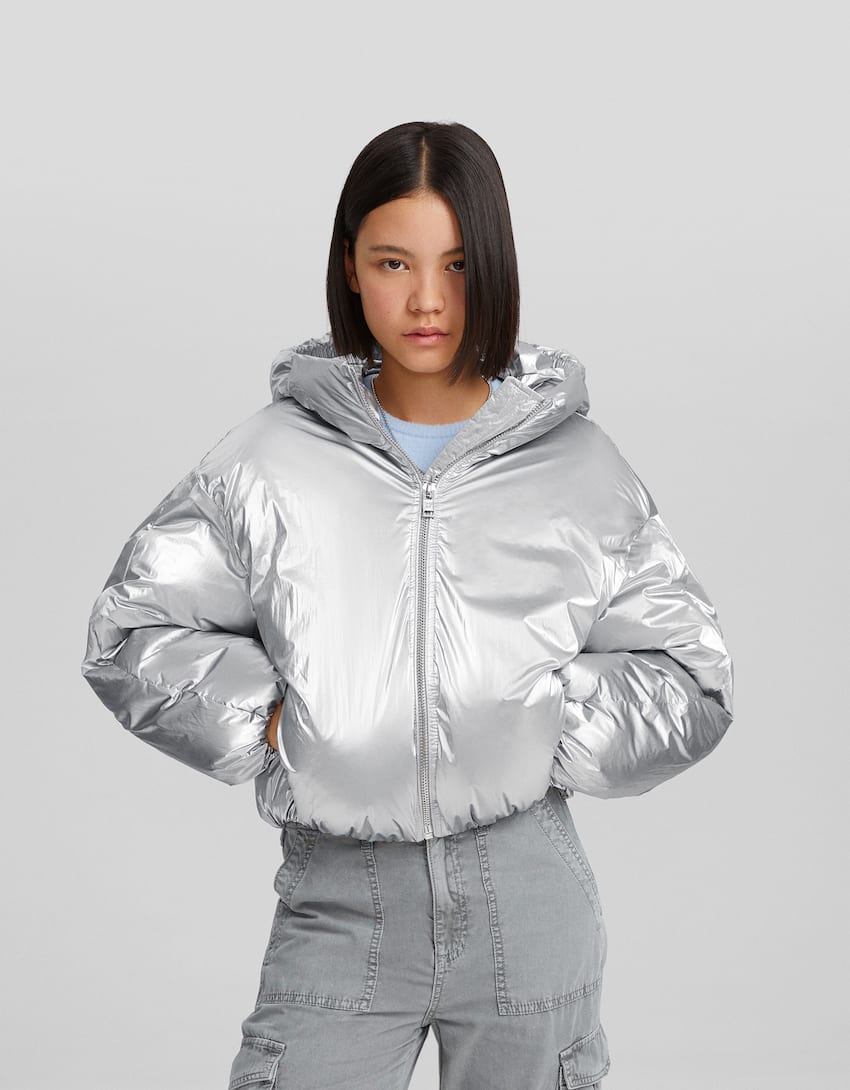 Bershka oversized puffer jacket in metallic silver