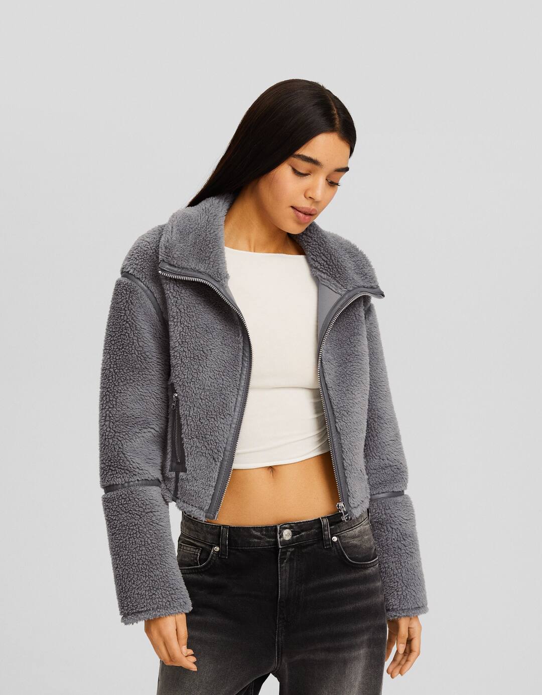 Bodysuit-effect jacket with faux shearling