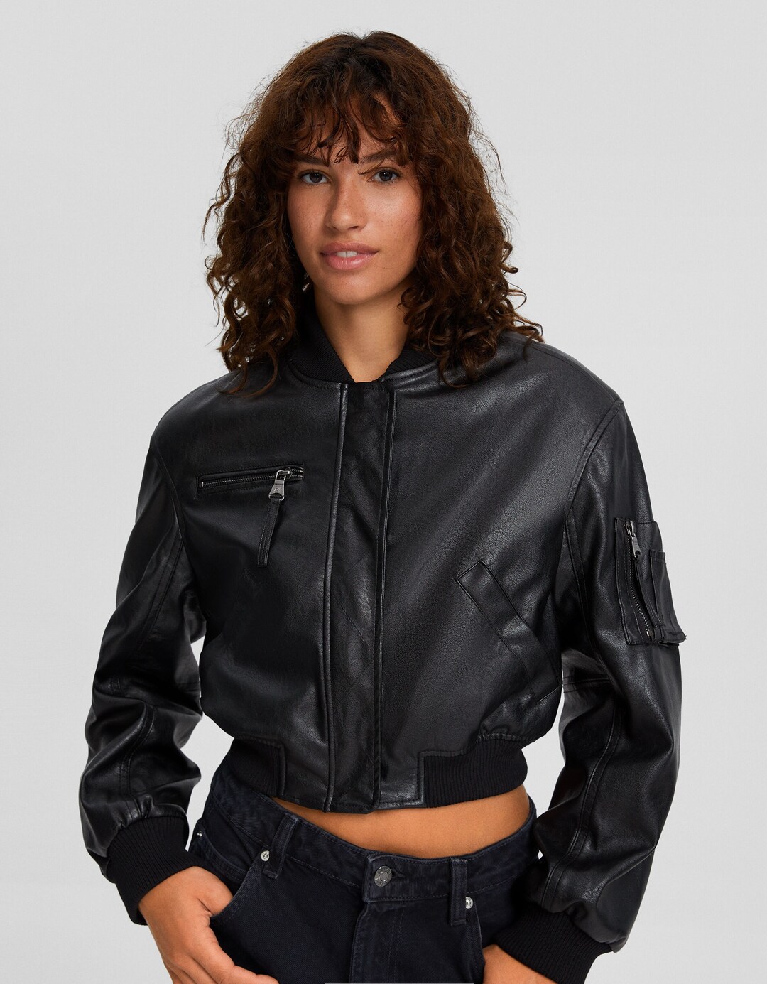 Twill leather effect bomber jacket