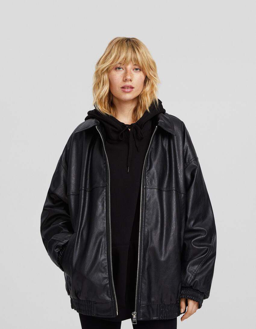 Leather effect dad fit oversize jacket - Women | Bershka