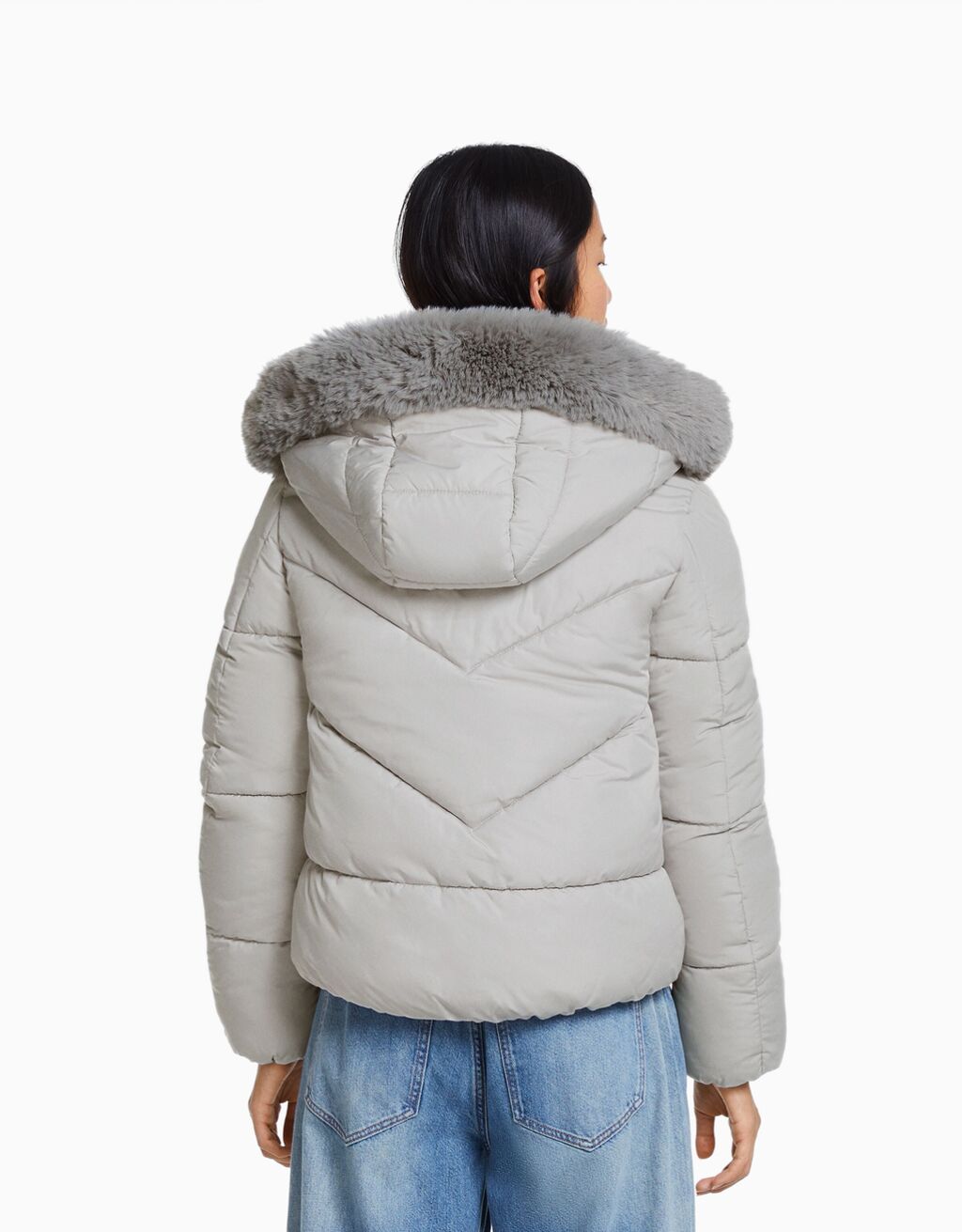 Womens grey puffer 2025 jacket with fur hood