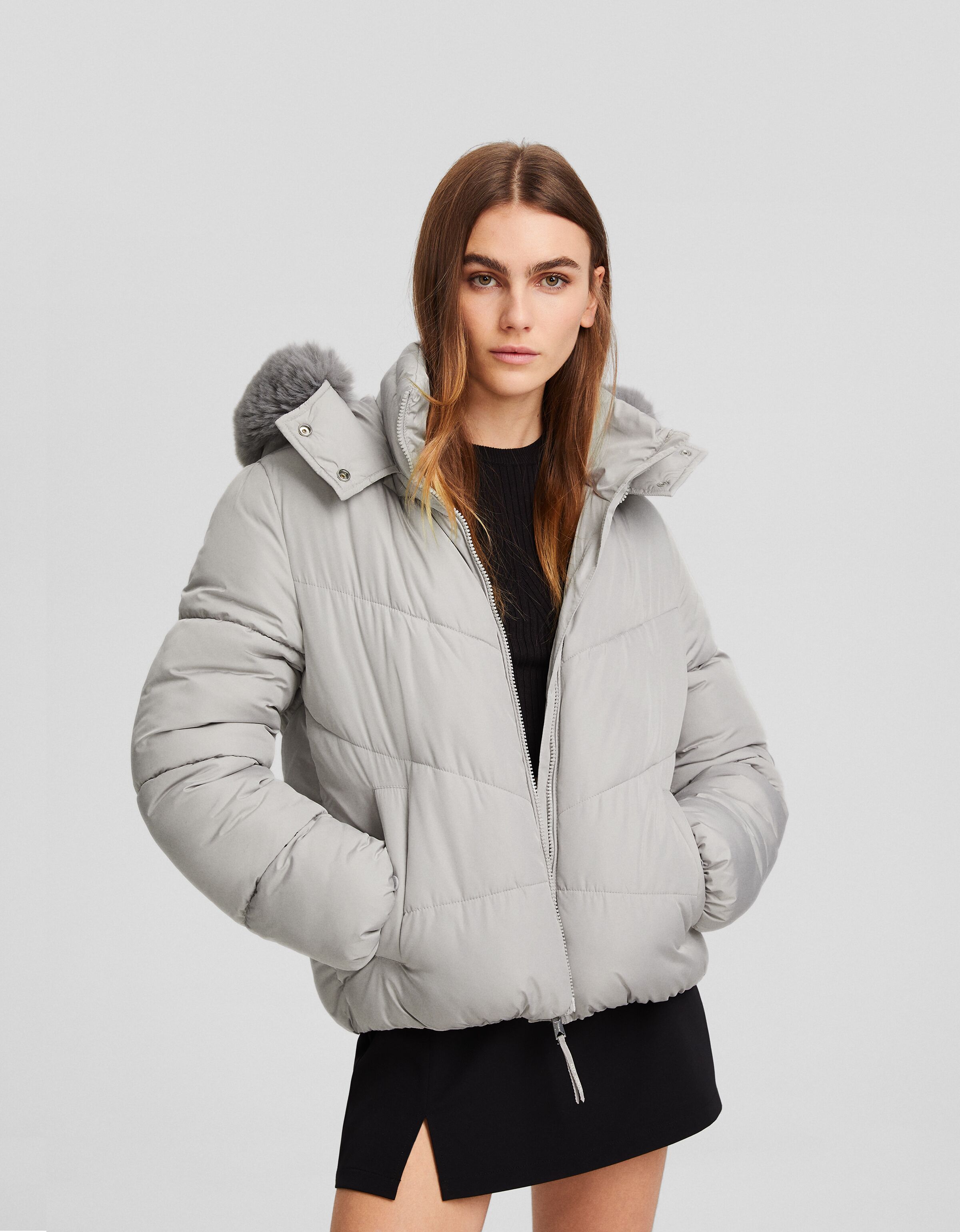 Puffer jacket with faux fur hood BSK Teen Bershka