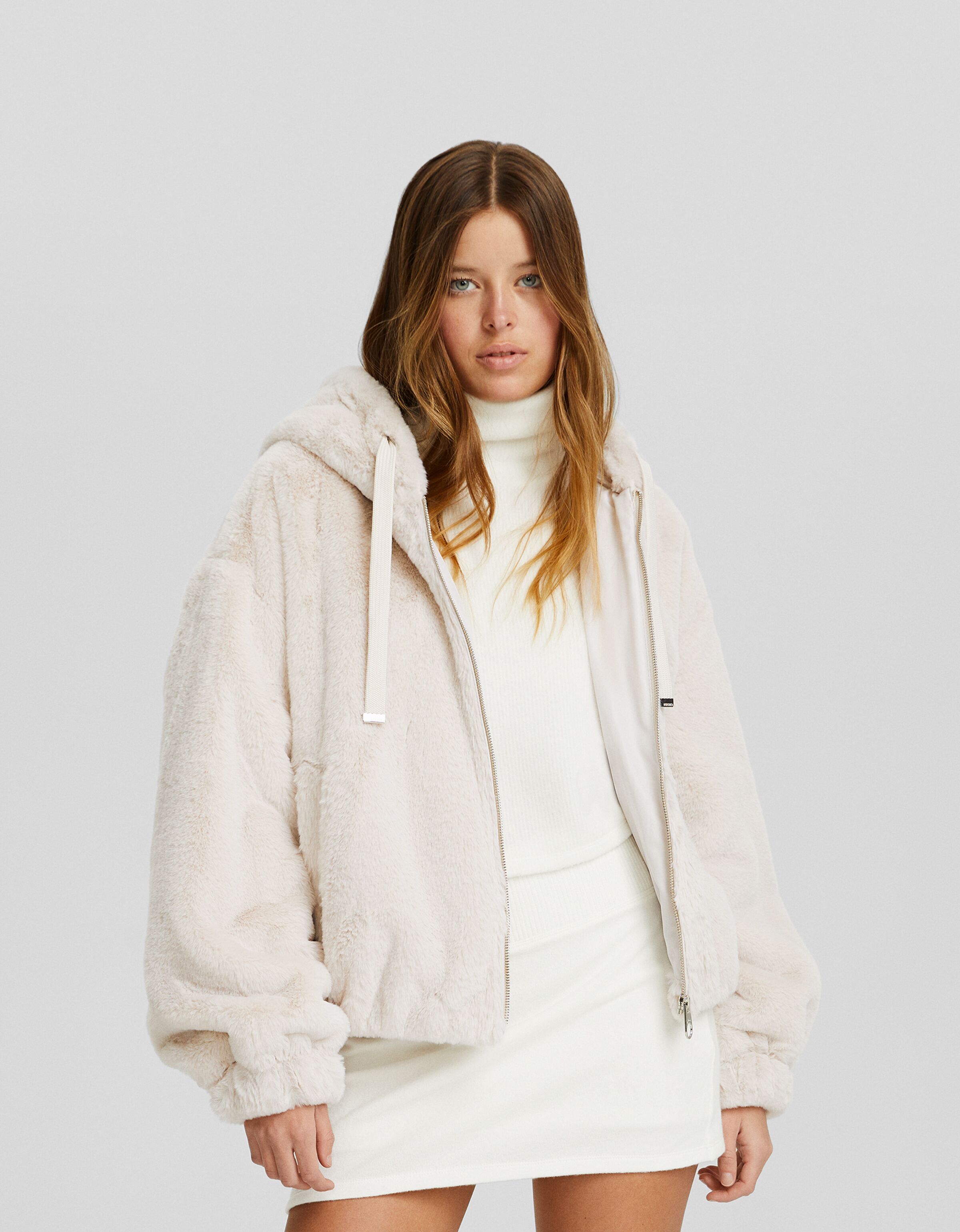 Fuzzy jacket with hood New Women Bershka