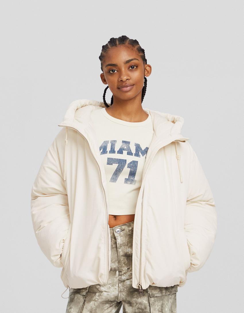 Puffer jacket with a hood-Cream-0