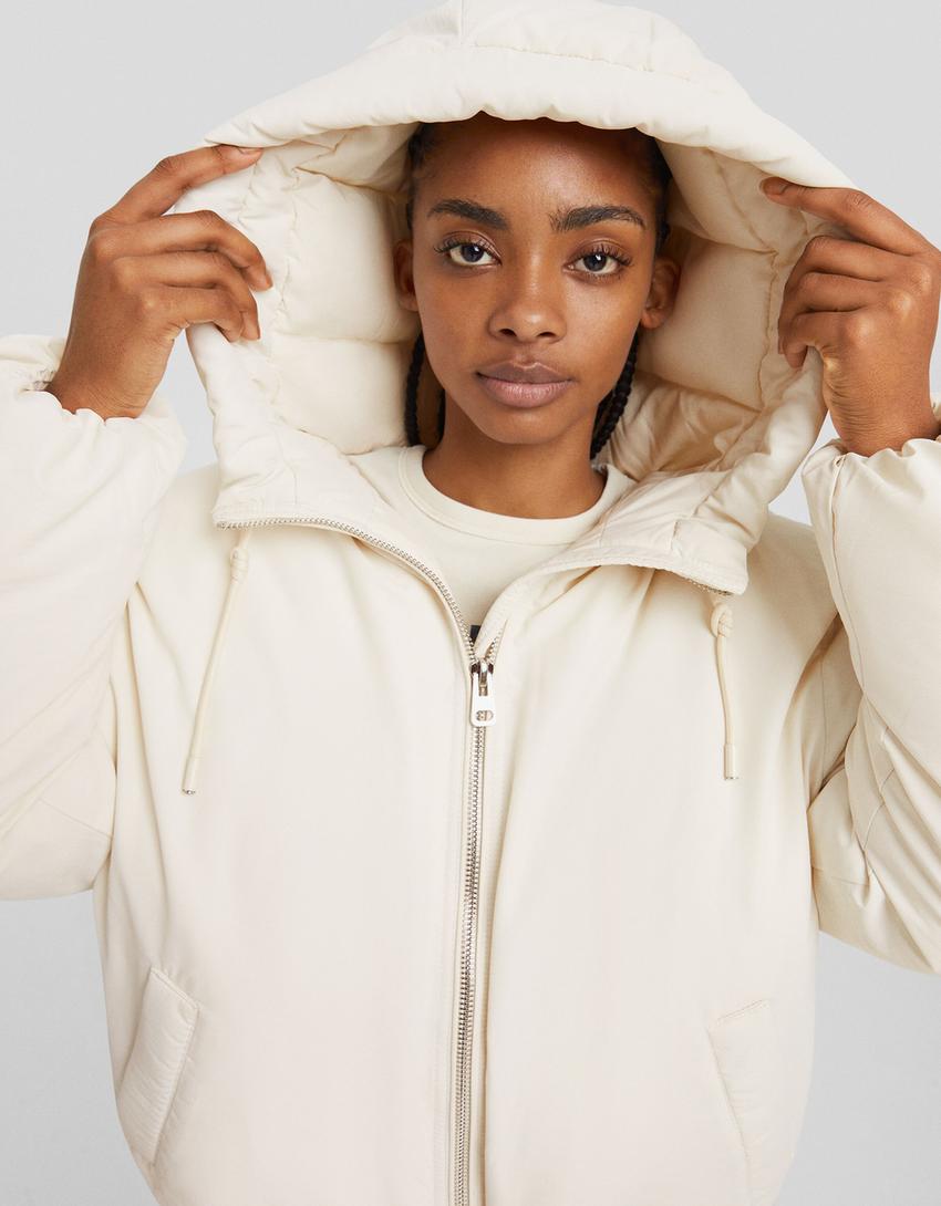 Puffer jacket with a hood-Cream-2