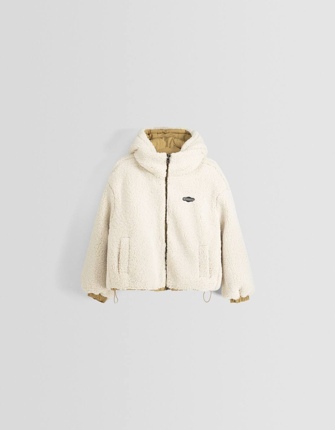 Reversible hoodie nylon blend jacket with faux shearling