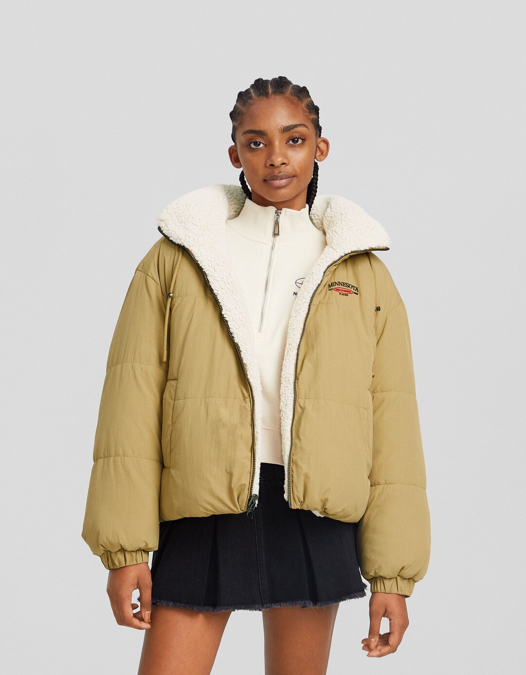 Reversible hoodie nylon blend jacket with faux shearling