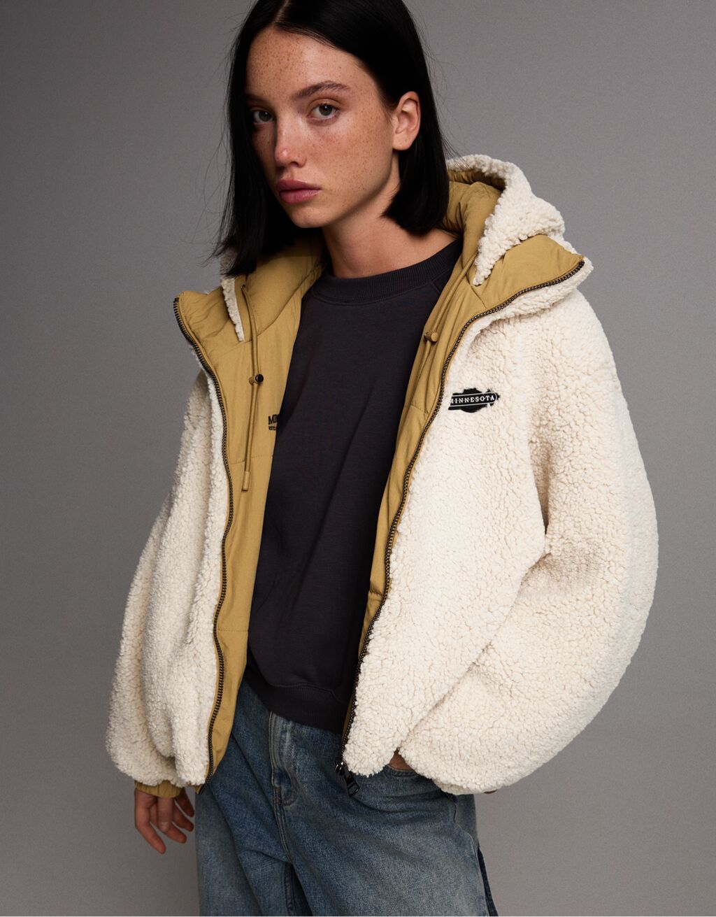 Reversible hoodie nylon blend jacket with faux shearling