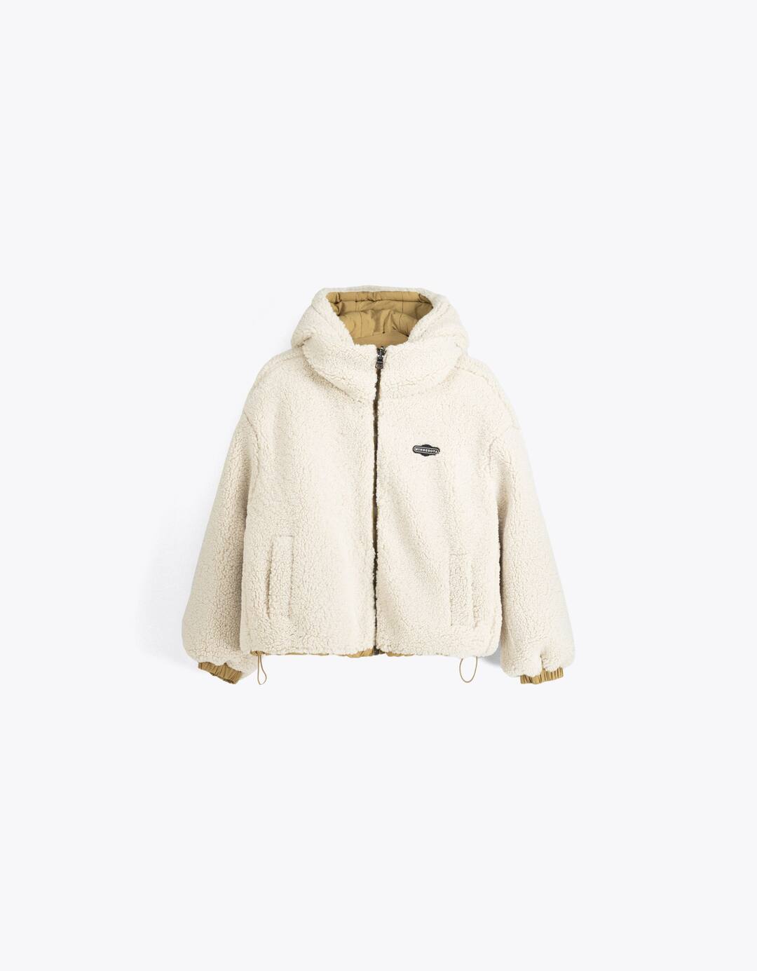 Reversible hoodie nylon blend jacket with faux shearling