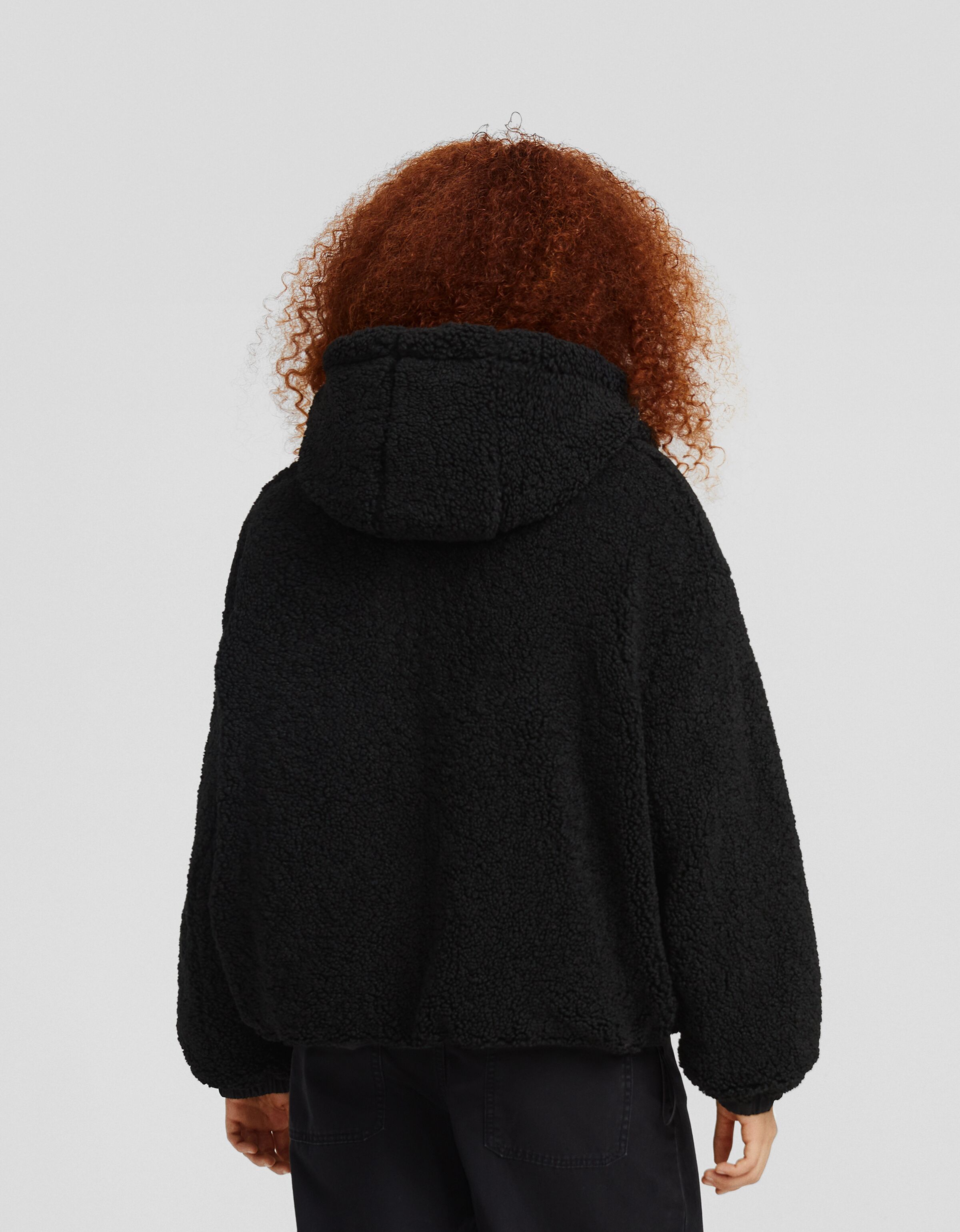 Reversible hoodie nylon blend jacket with faux shearling