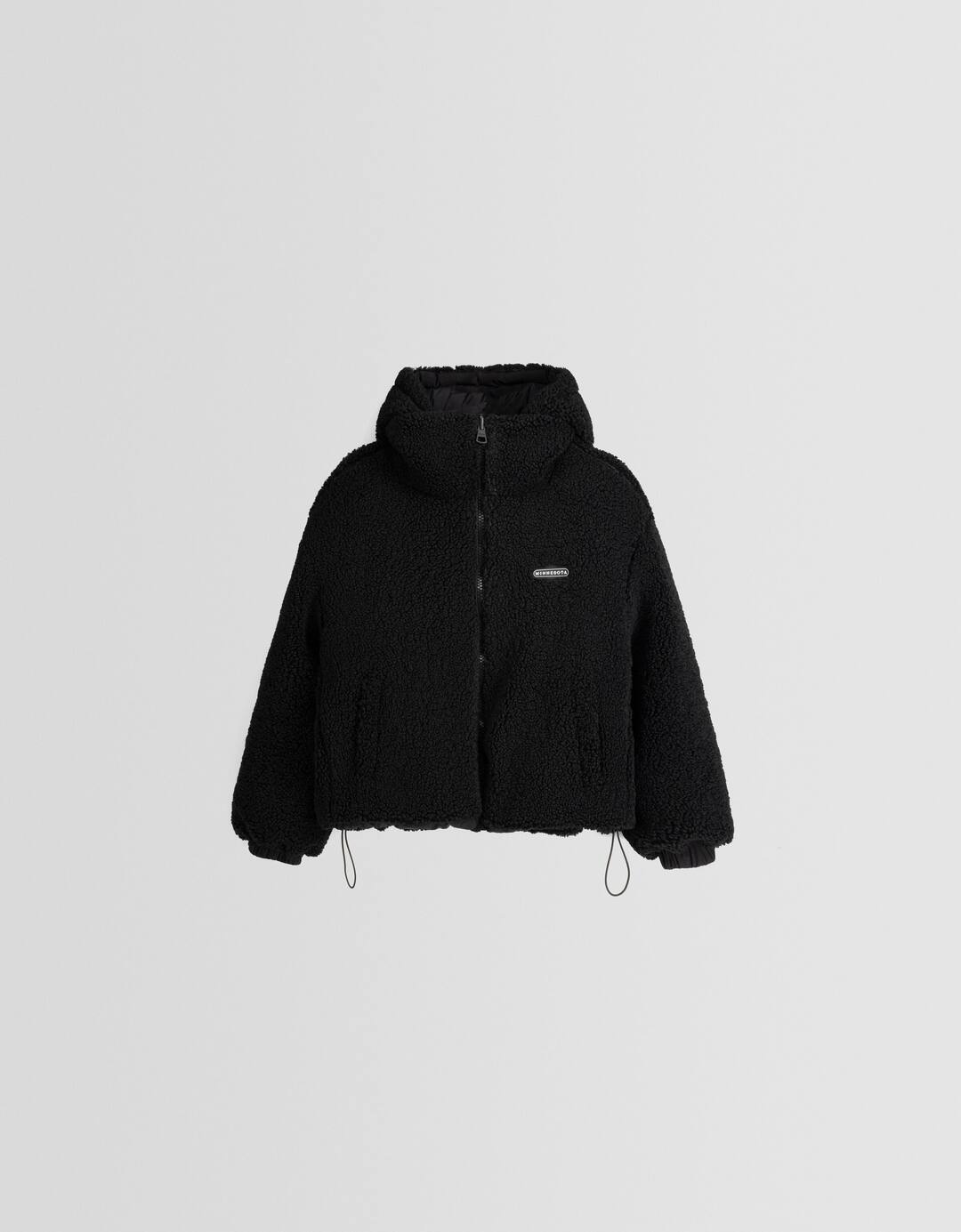 Reversible hoodie nylon blend jacket with faux shearling
