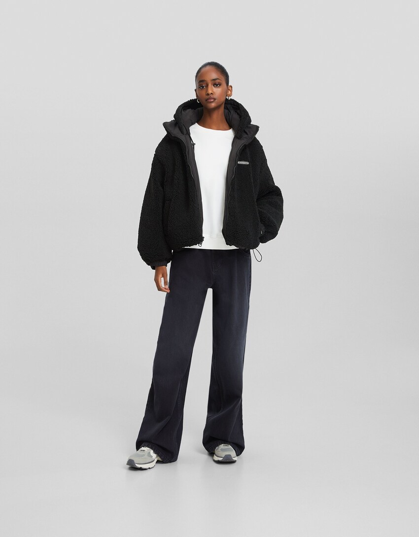 Reversible hoodie nylon blend jacket with faux shearling - Women | Bershka