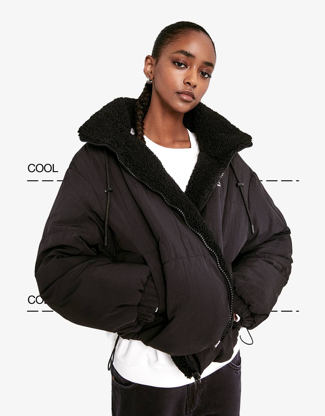 Reversible hoodie nylon blend jacket with faux shearling