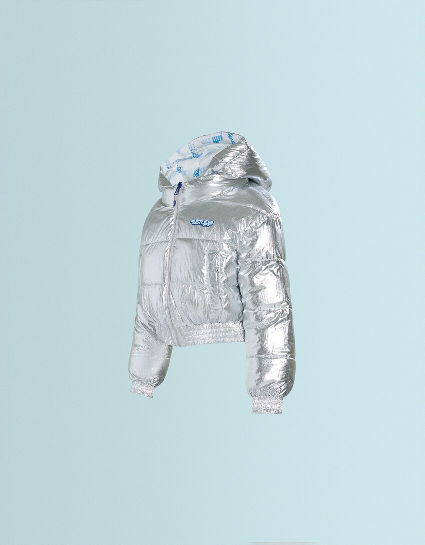 Printed reversible SSSTUFFF X BERSHKA hooded jacket with patch-Grey-4