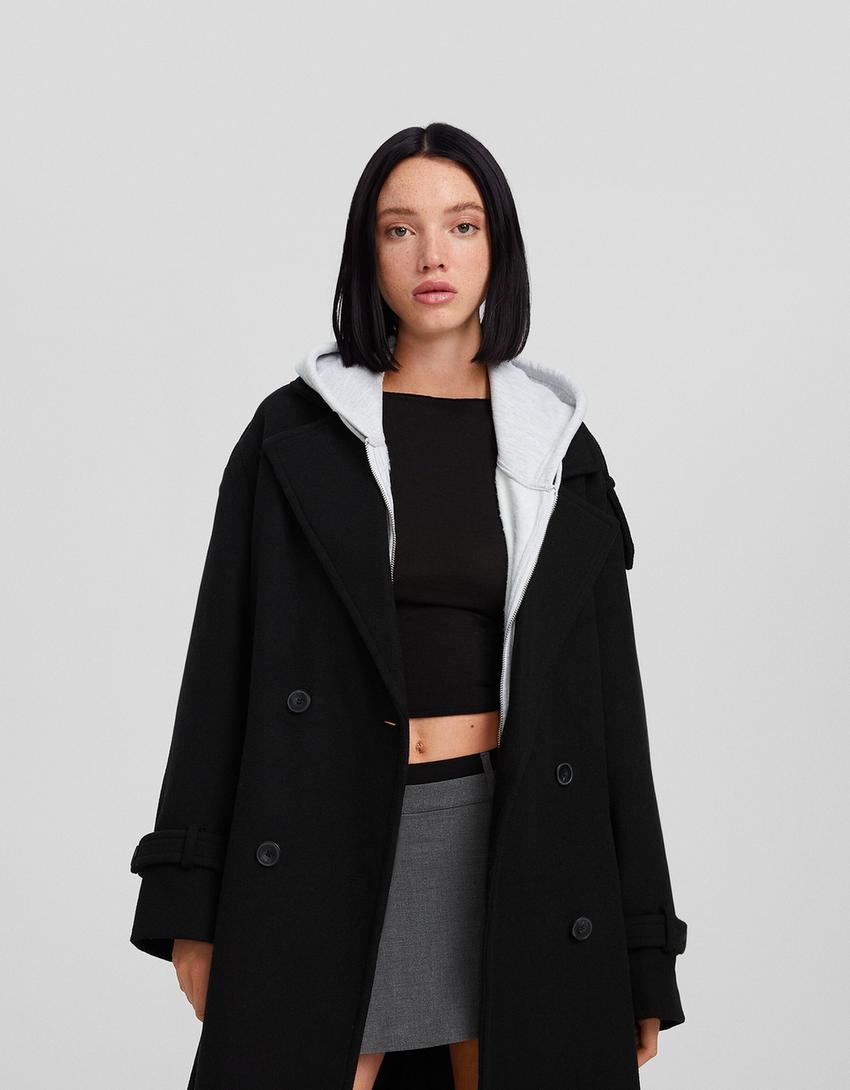 Manteau trench en laine-Noir-1