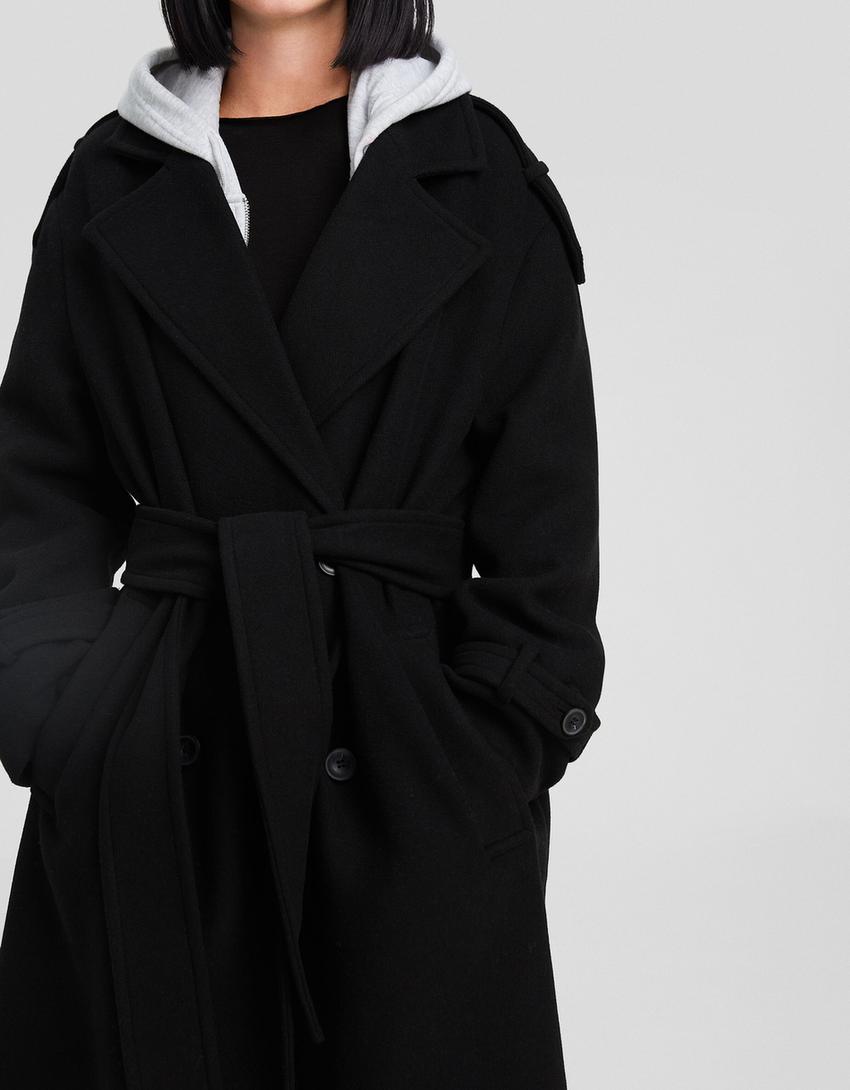 Manteau trench en laine-Noir-3