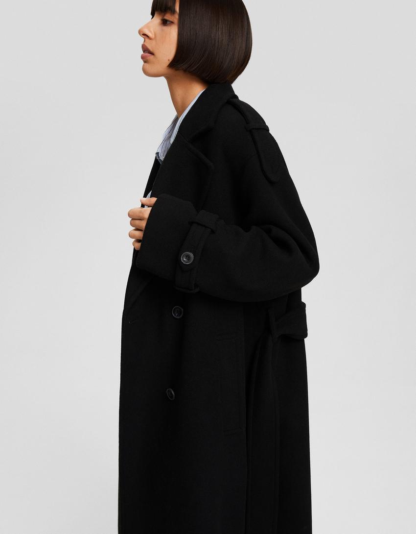 Manteau trench en laine-Noir-3