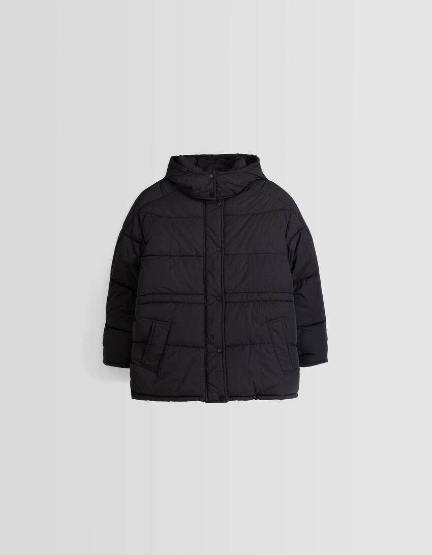 Puffer coat with hood-Black-4