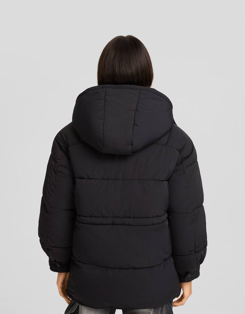 Puffer coat with hood-Black-1