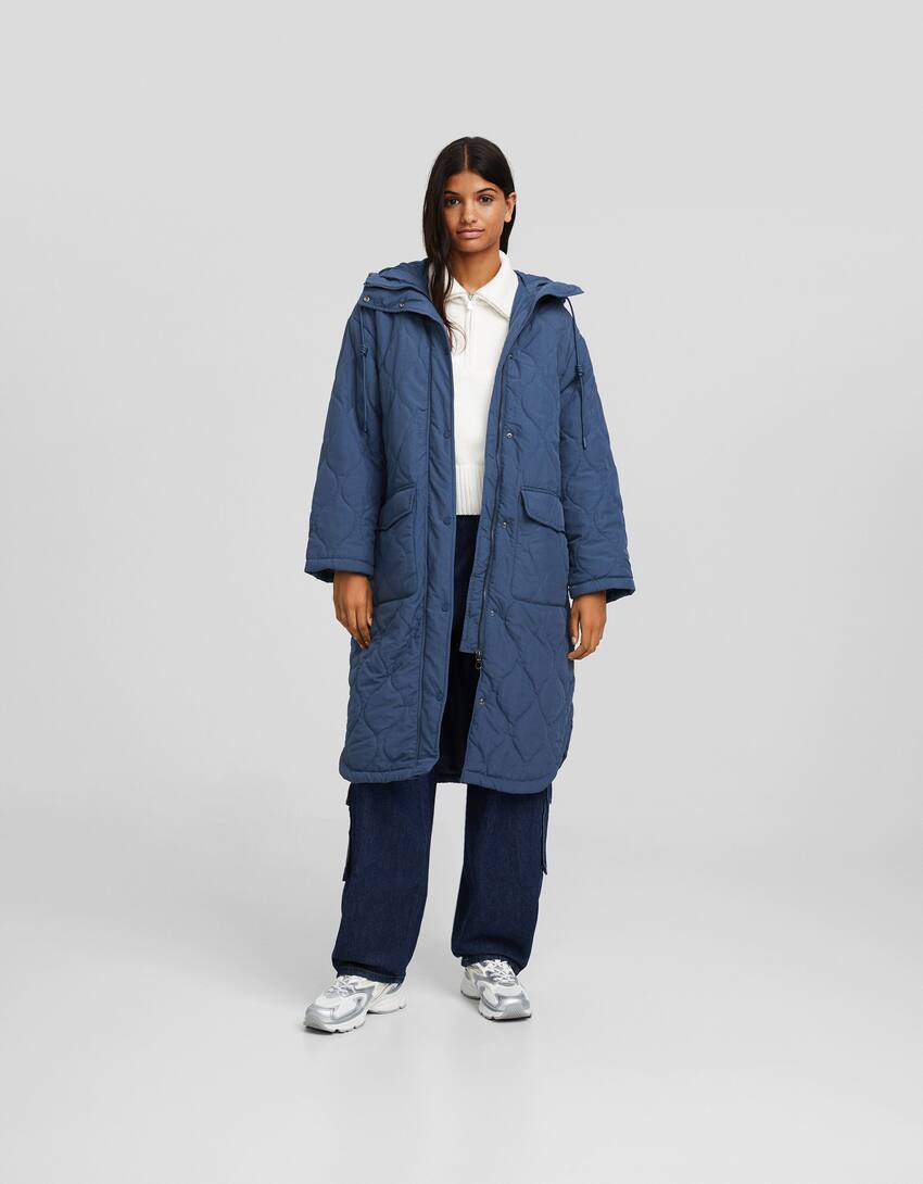 Puffer coat with hood-Blue-0