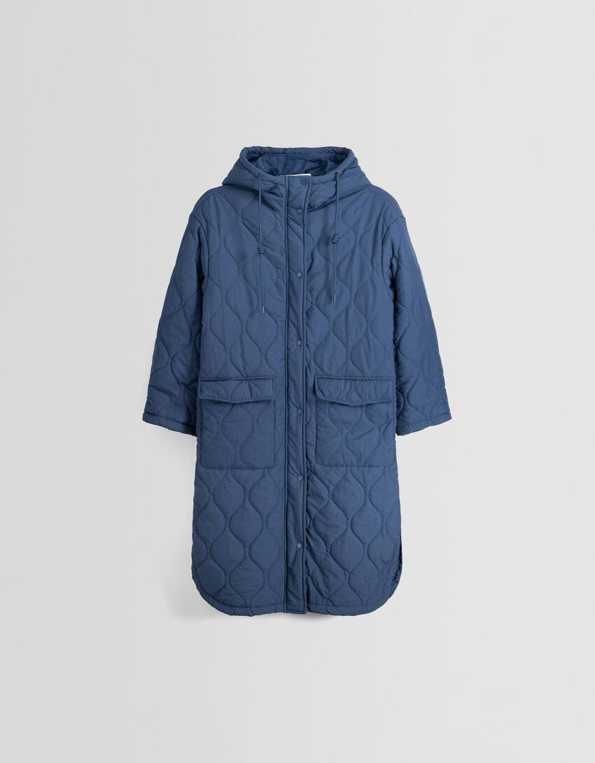 Puffer coat with hood-Blue-4