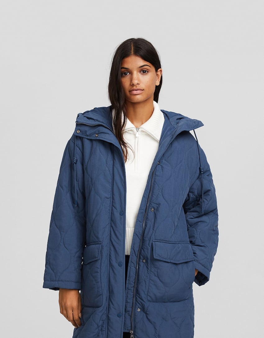 Puffer coat with hood-Blue-1