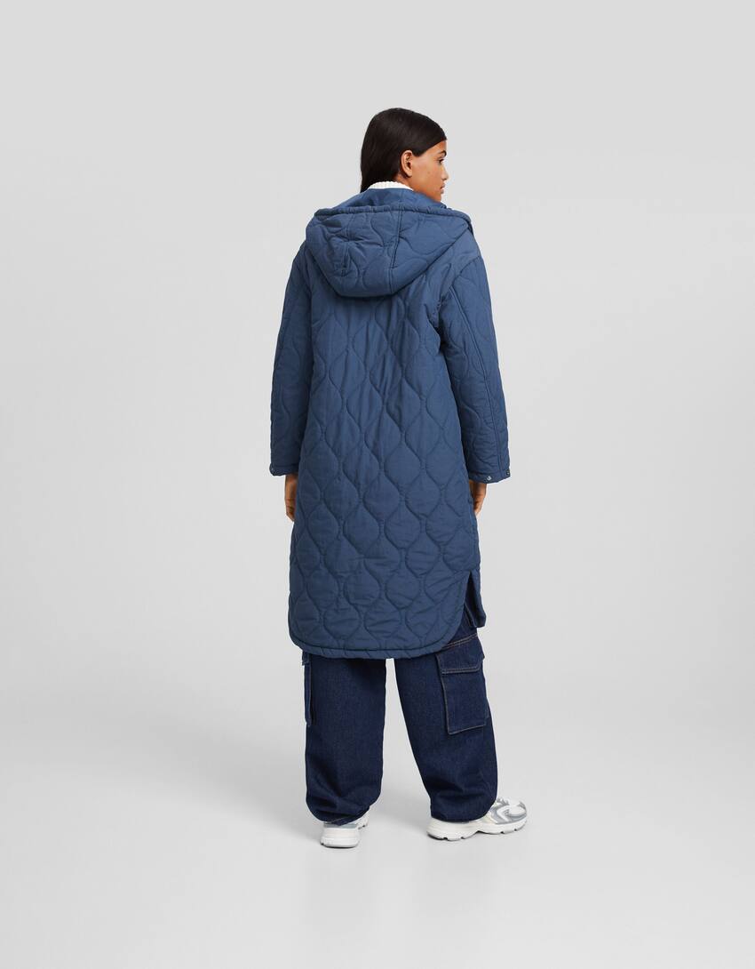 Puffer coat with hood-Blue-2