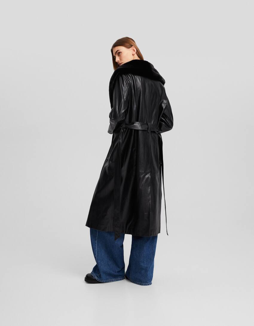 Faux leather trench coat with faux fur lapels-Black-2